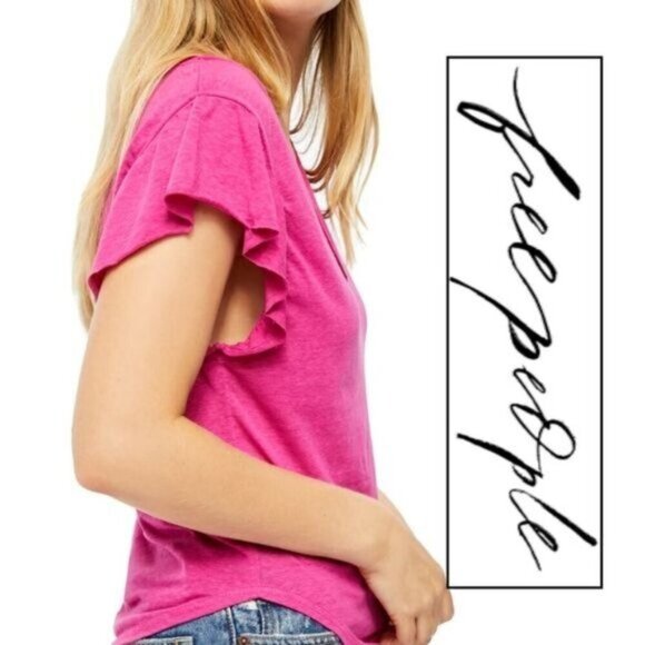 Free People ✦ Bright Pink Button-Down Top ✦ Flutter Sleeves V-Neck Sheer Stripe - Picture 7 of 10